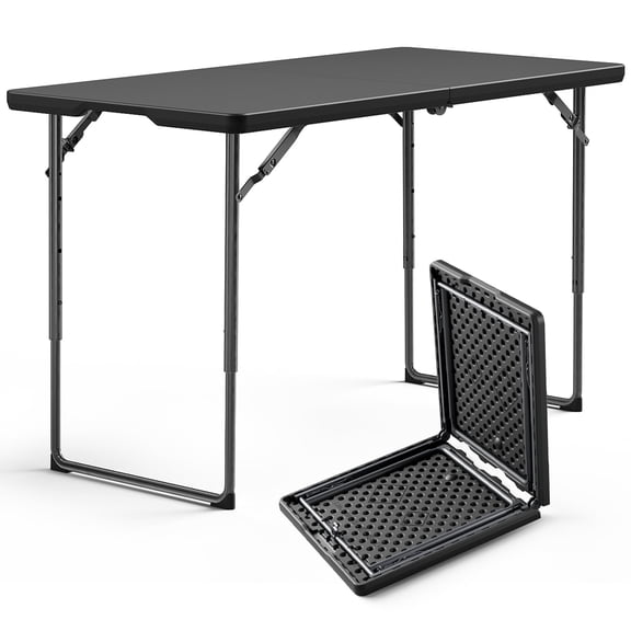 WASUHE 4 Foot Folding Plastic Table with Non-Slip Legs, Adjustable Height Rectangular Lightweight Camping Fold Tables for Outdoor Events, Party, Dining, Wedding, office, Black
