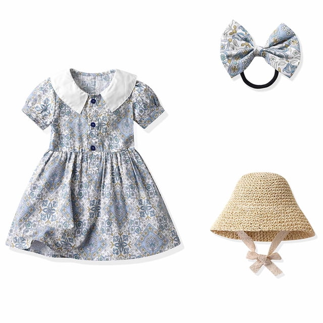 LSLJS Robe d'Été à Bretelles pour Tout-Petit Fille, Imprimé de Fleurs, avec Chapeau et Épingle à Cheveux, Robes pour Filles ( Bleu, 3-4 Ans )