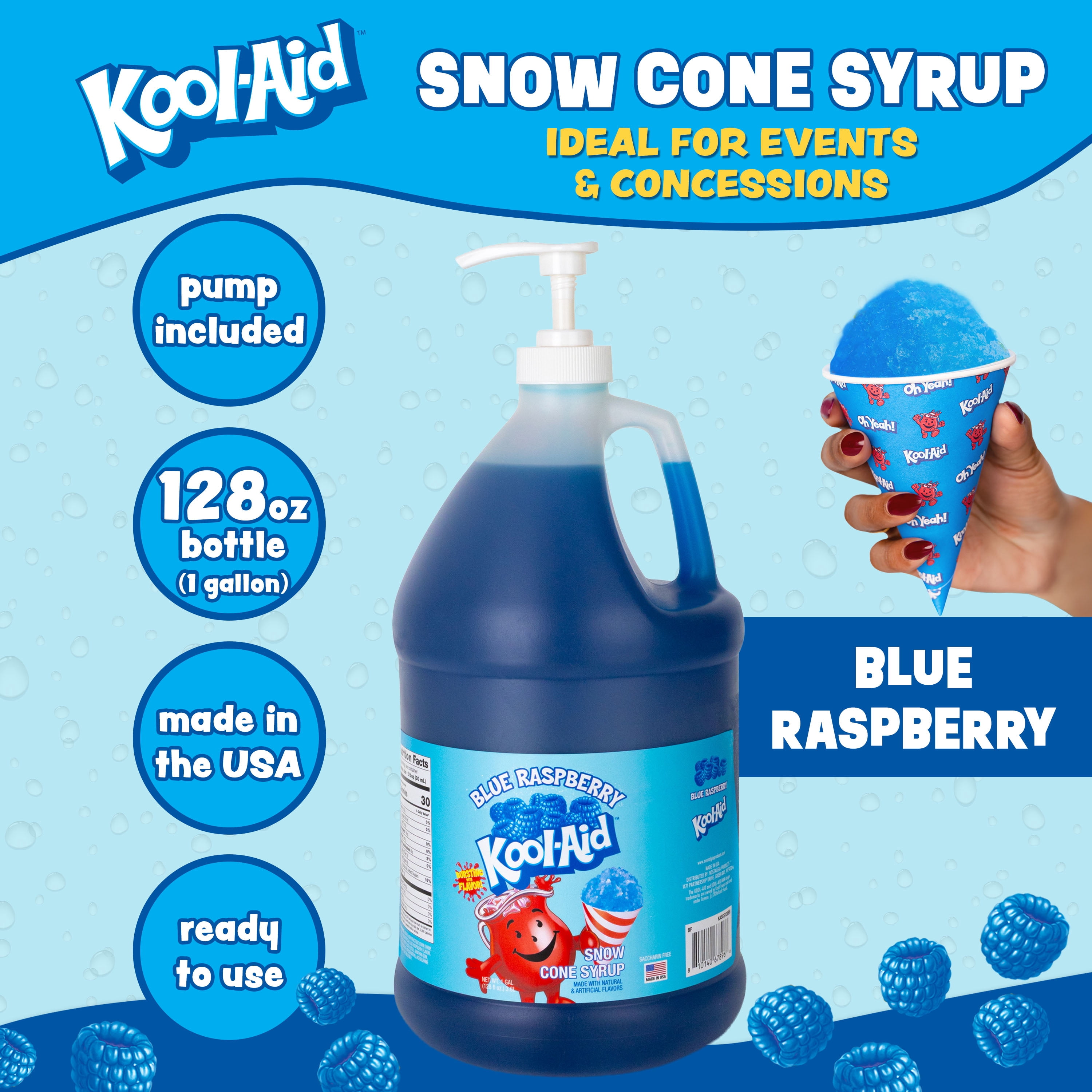Kool-Aid Blue Raspberry Snow Cone Syrup, 128 oz (1 Gal) Pump Bottle, Snow Cone Maker Ready