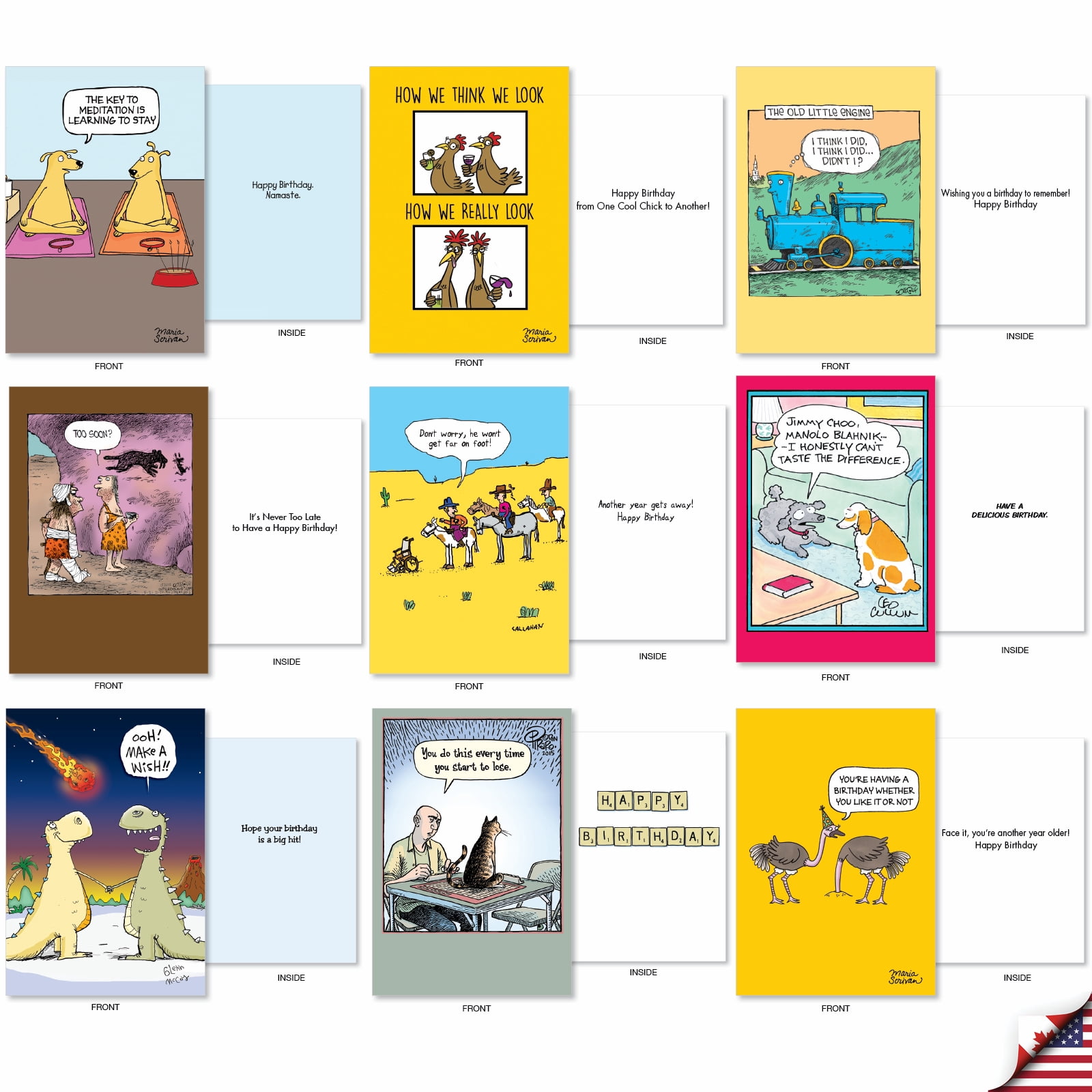 NobleWorks 36 Assorted Set Funny Birthday Greeting Cards w/ 5x7 Envelopes, 36x1 Designs, For Men, Women, Bday Cartoon Party AC9374BDG-B1x36