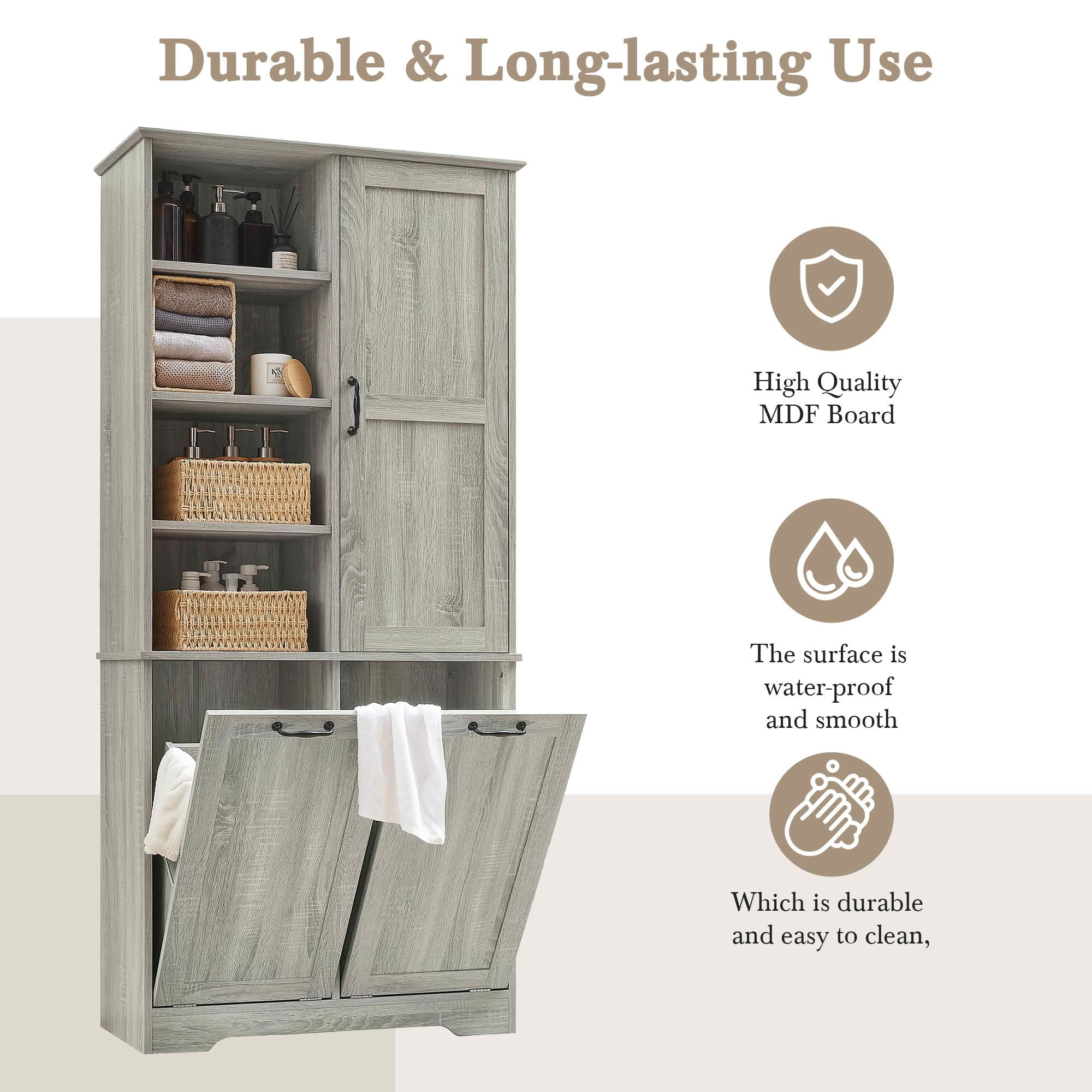 MAYEERTY Bathroom Storage Cabinet with Doors Drawers, Tilt-Out Laundry Hamper Open Adjustable Shelf, Freestanding Multi-Storage, Oak