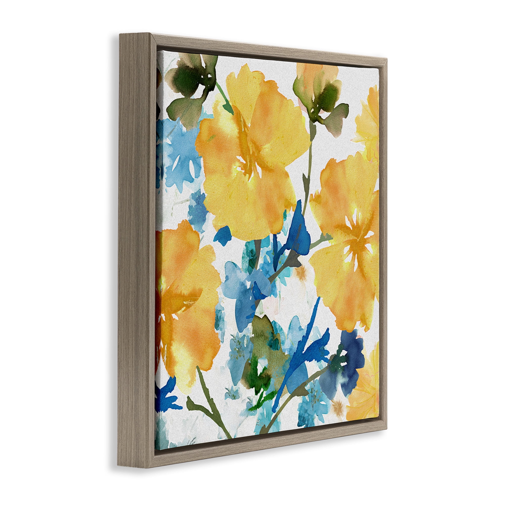 Stupell Industries Yellow & Blue Hibiscus Botanical & Floral Painting Brown Floater Framed Canvas Art Print Wall Art, 18 x 18