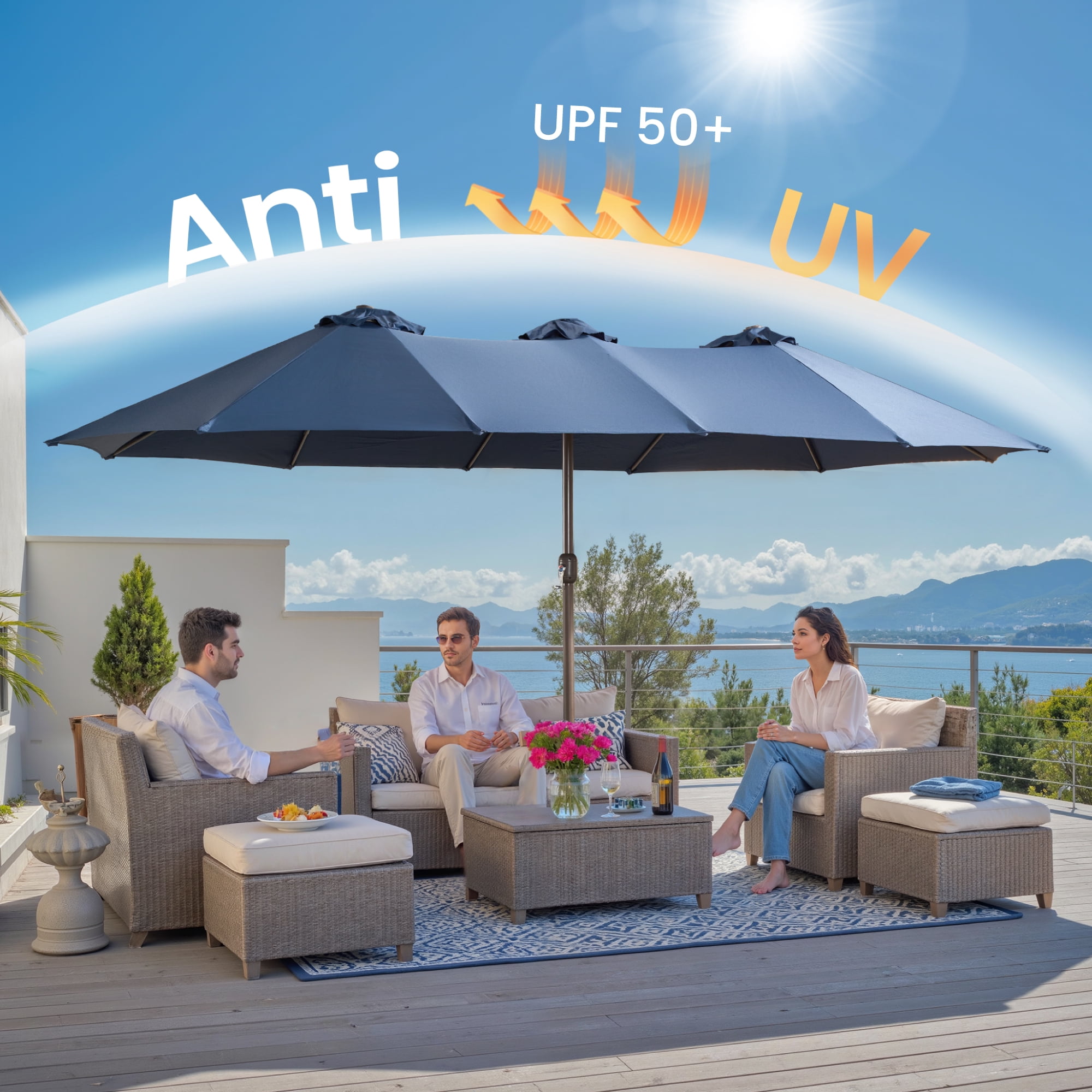 Ovios 15ft Patio Umbrellas Double-Sided Rectangle Outdoor Umbrella with Base & Stand Large Poolside Umbrella for Outside, Market, Backyard, Blue