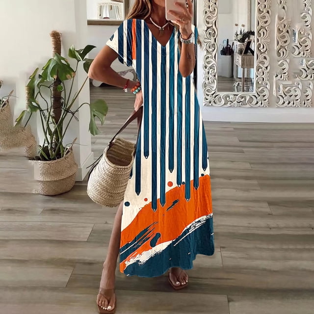Daiosportswear Robe Maxi d'Été pour Femmes Décontractée à Manches Courtes Longue Robe T-Shirt Fendue Robe de Plage Robe de Voyage Vacances, Robe à Manches Courtes pour Femmes Rouge-P TG(TG)