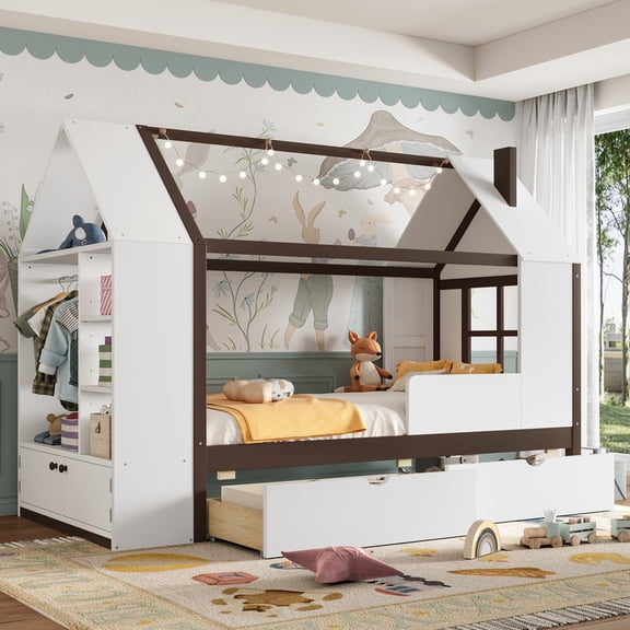 Twin Size House Platform Bed with Storage, Solid Wood House Bed with Drawers & Shelves, Solid Wood Platform Bed with Cabinet & Wardrobe, White & Espresso