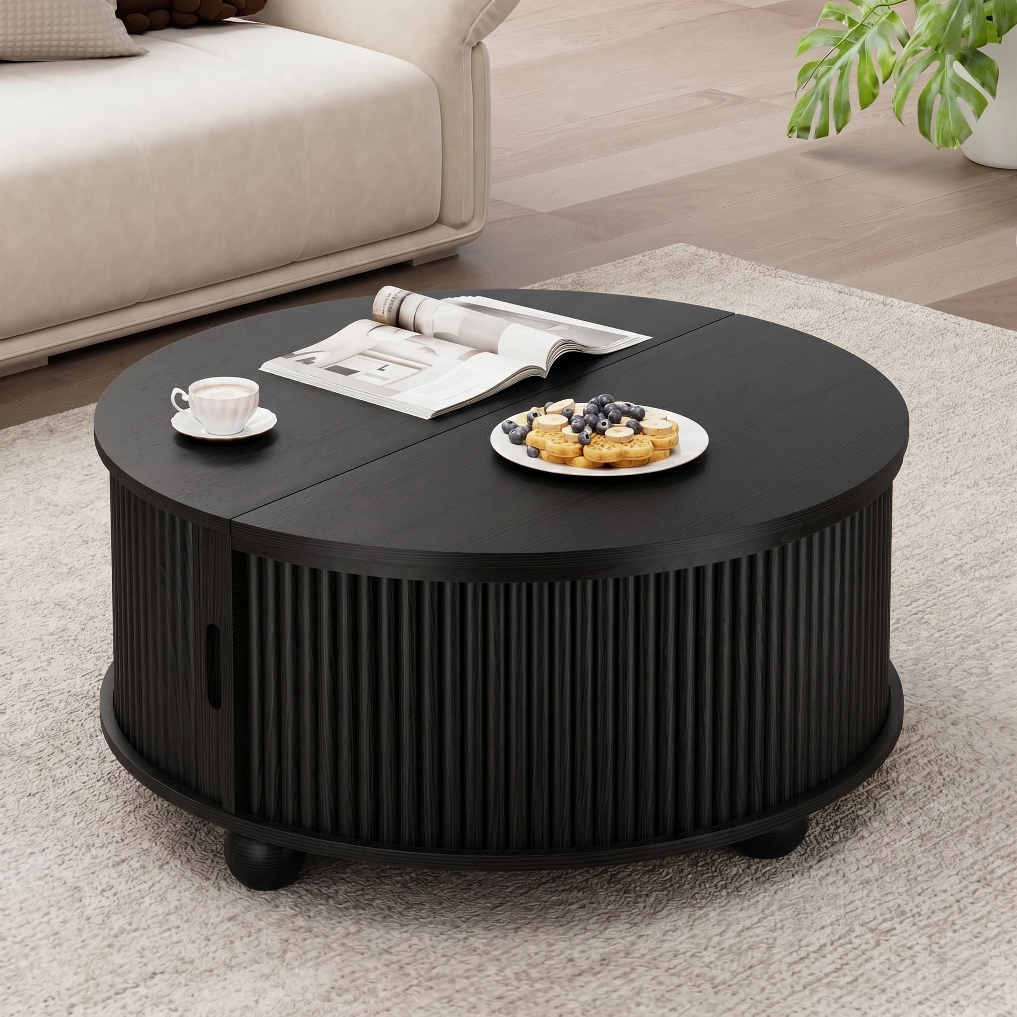 AISWORD 31.5" Fluted Round Coffee Table with Storage, Mid Century Modern Lift Top Drum Accent Table for Living Room Small Space, Black