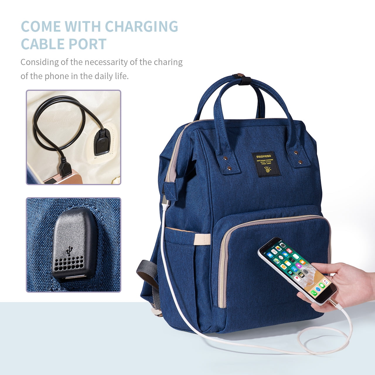 Sunveno Classic Diaper Bag Backpack Large Capacity Travel Backpack with USB Charge Port , Navy