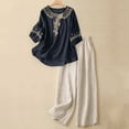 thumbnail image 2 of Uaswgudfs 2 Piece Outfits for Women Summer Cotton Linen Casual Matching Set 3/4 Sleeve Embroidered Tops and Capri Pants Black L, 2 of 8