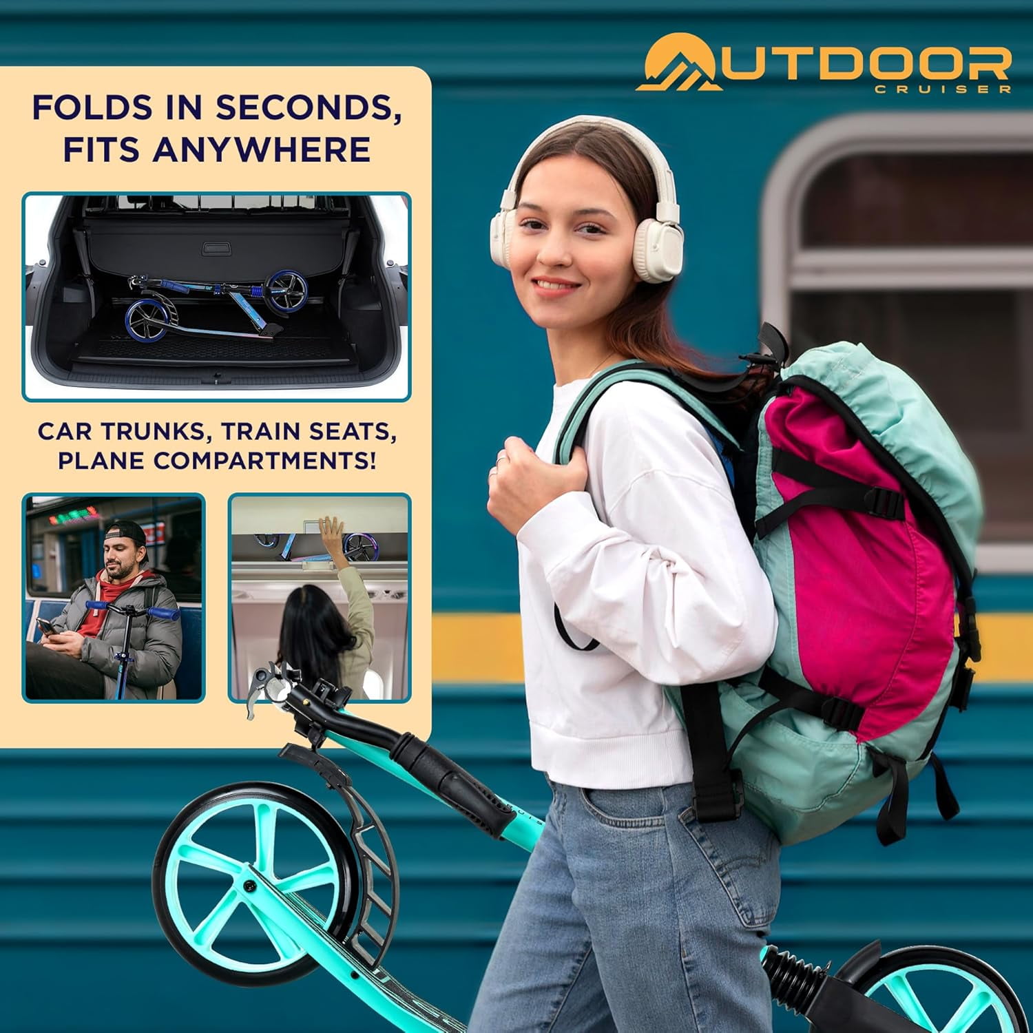 OutdoorCruiser Kick Scooter for Ages 6+, Kids, Teens & Adults, Foldable, Dual Suspension, 3-Level Adjustable Handlebar, Child Safety Approved, Aqua