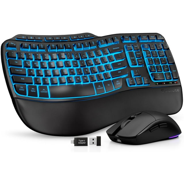 Ergonomic Wireless Keyboard and Mouse Combo, Rechargeable 4000mAh Backlit Keyboard with a Soft, Faux Lambskin Palm Rest, Wave Key
