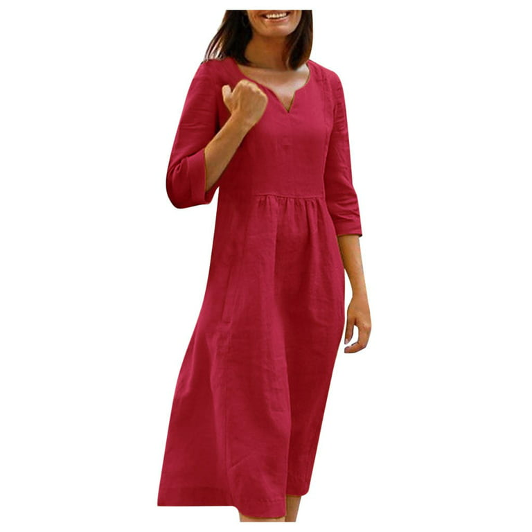 BEEYASO Clearance Summer Dresses for Women Off-the-Shoulder Ankle Length  Casual A-Line Solid 3/4 Sleeve Dress Pink L 