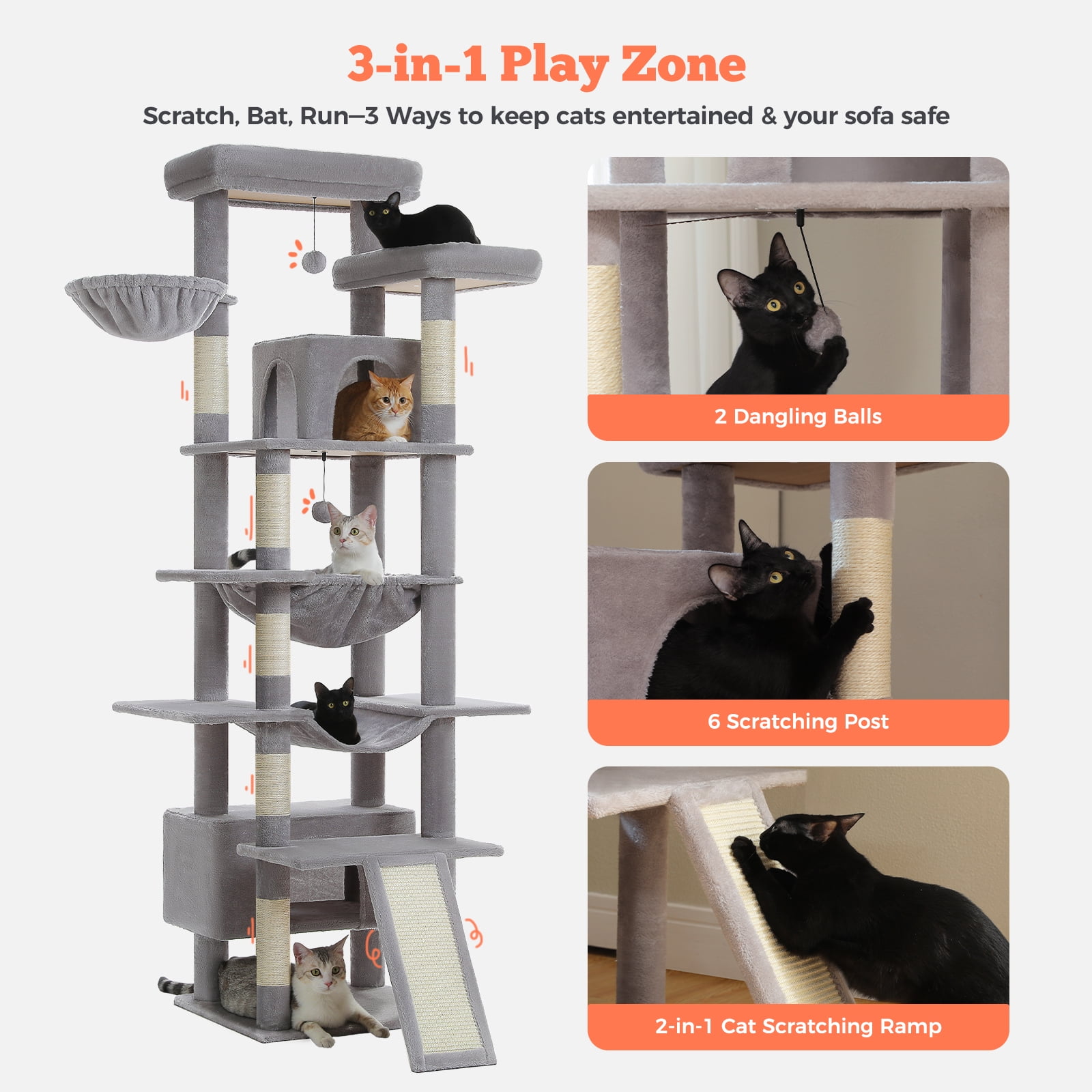 Pefilos 81" Tall Cat Tree for Indoor Cats, Multi-Level Cat Tower with Metal Frame Hammock, Scratching Ramp, 2 Top Perches, 2 Cozy Condos & 6 Scratching Posts, Gray