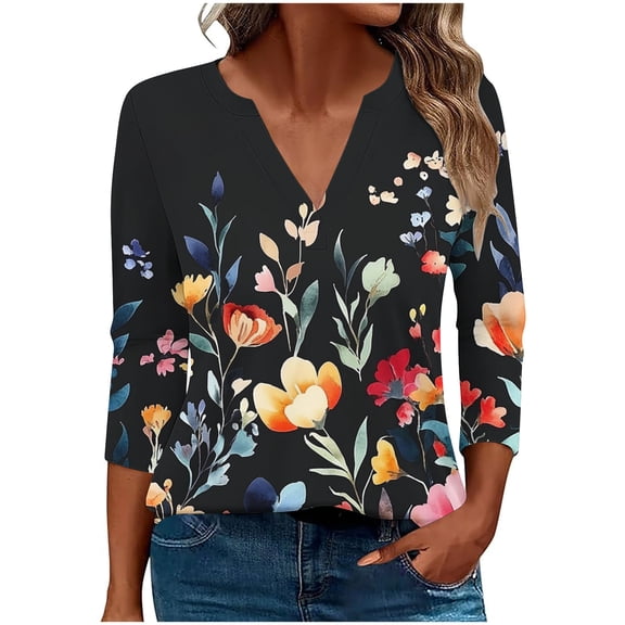 Jsaierl Women's 3/4 Sleeve Tops Summer V Neck Shirts Trendy Print Petite Blouses Soft Elegant T-shirts Top S-3XL