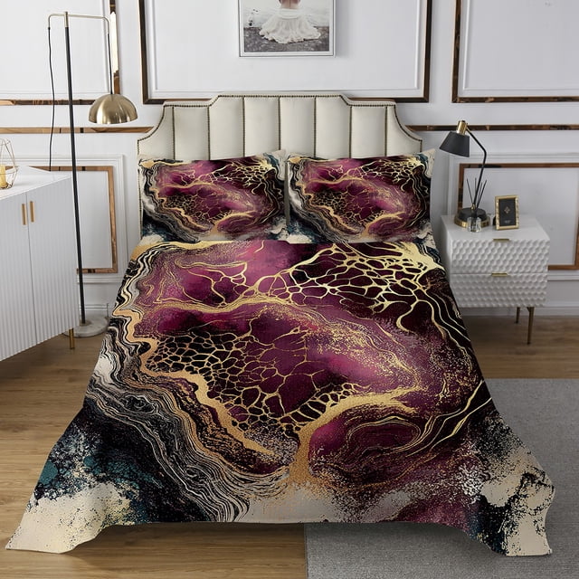 Ensemble de Couvre-Lit en Marbre Violet Taille Simple Design Aquarelle pour Filles Ados Adultes Ensemble de Courtepointe Abstraite Pailletée Dorée, Ensemble de Lit Texture Marbrée Métallique