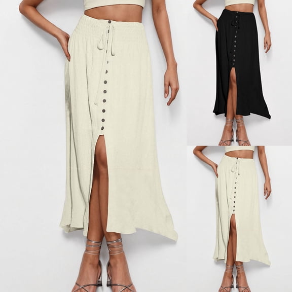 Brondbend Womens Skirts Elastic Waisted Drawstring Button Split Slit Skirt Dress Summer Solid Color Leisure Lady Loose Fit Beach Party Skirt Black L