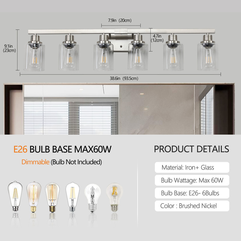37" Modern 6-Light Bathroom Vanity Light Fixture, Brushed Nickel Finish with Clear Glass Shades, Wall Mounted Lighting for Bathroom, Mirror, Vanity (Bulbs Not Included)