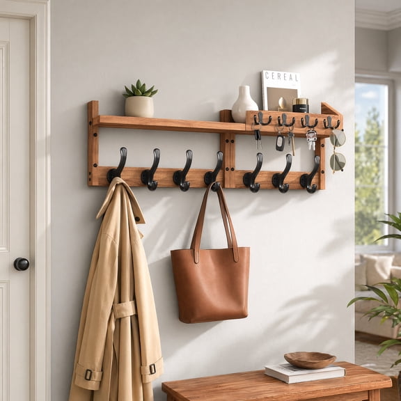4-in-1 Wall Mounted Coat Rack with Shelf, 11 Hooks Rustic Wood Entryway Organizer Key Holder for Hallway Bedroom