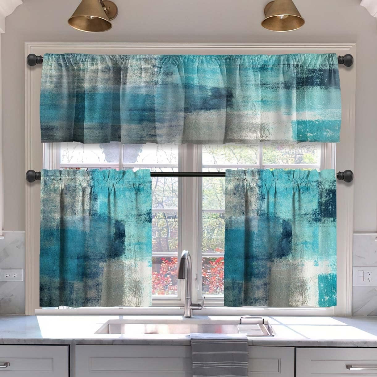Alishomtll Kitchen Curtains and Valances Sets Teal Blue Rod Pocket