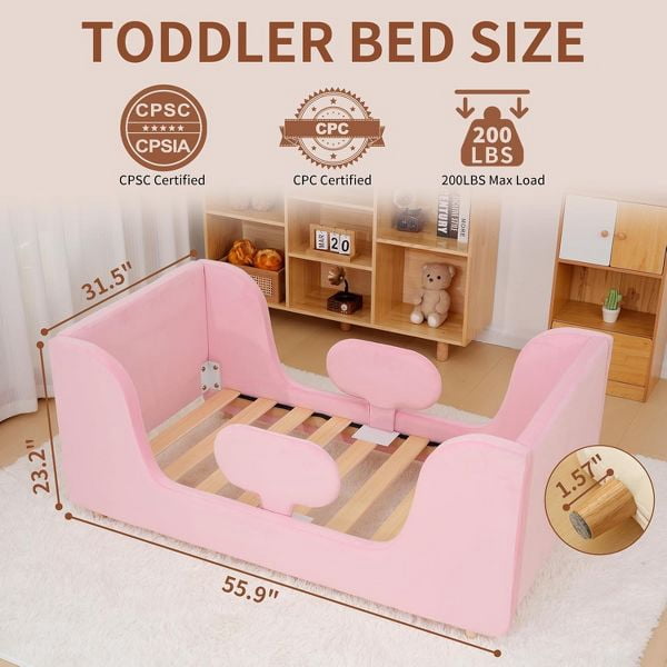 Mophoto Warm Pink Upholstered Toddler Bed with Padded Headboard Frame with Removable Guard Rails Kids Toddler Floor Standard Crib Size Bed for Girls and Boys(Mattress Not Included)