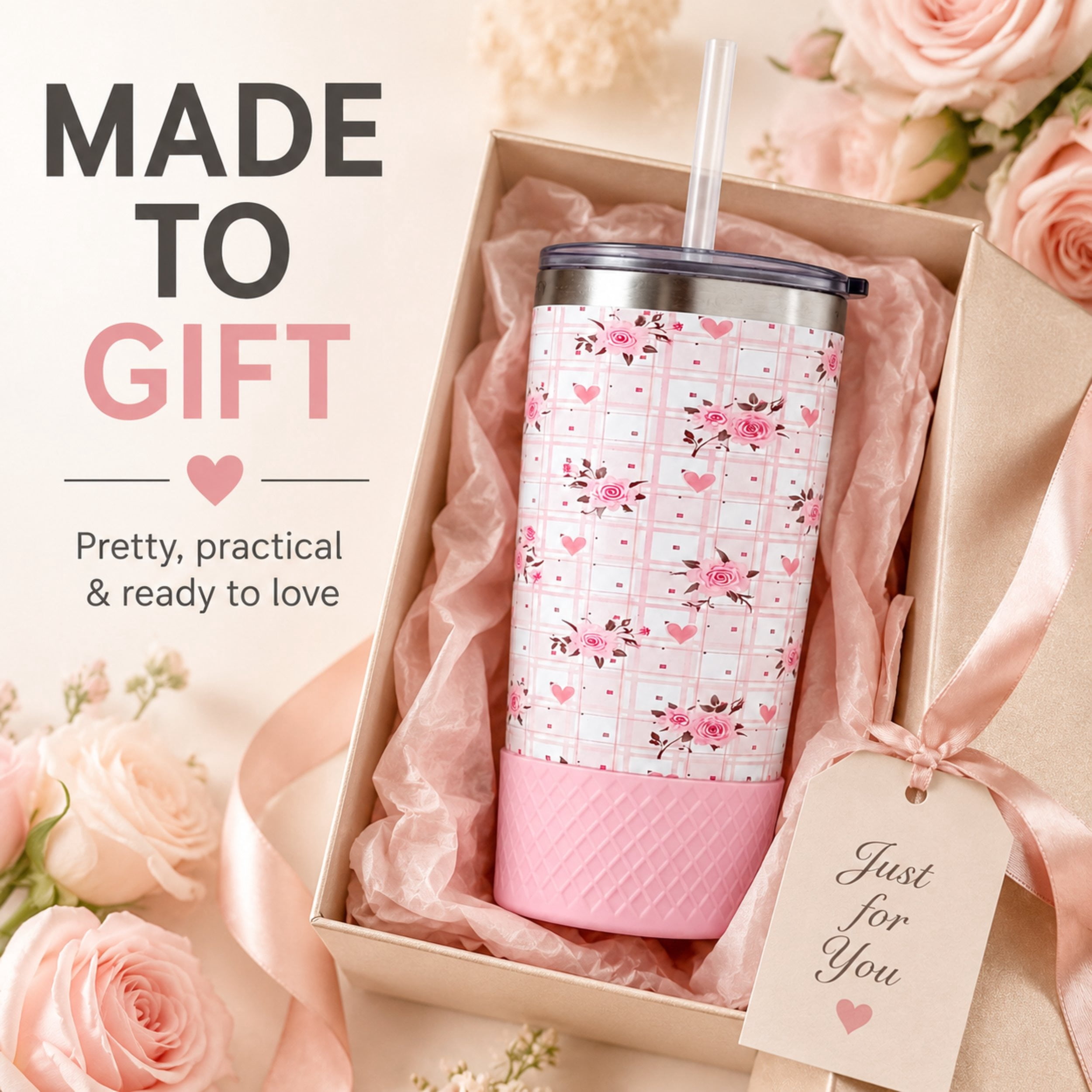 Biddlebee 20oz Insulated Stainless Steel Tumbler with Straw and Silicone Boot, Pink Roses