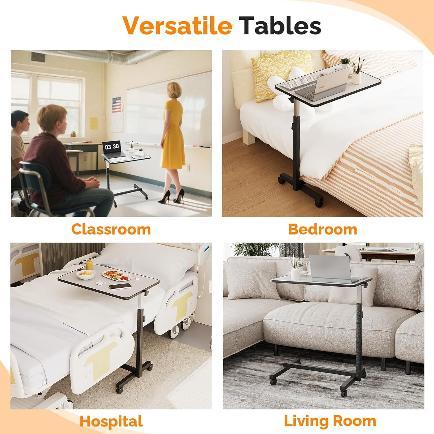 Yunken 23.6 Inch Rolling Adjustable Multifunctional Lifting Computer Desk, Tilting Desktop, Sit Stand Laptop Desk TV Tray for Bed Sofa Hospital Reading Eating, Silver