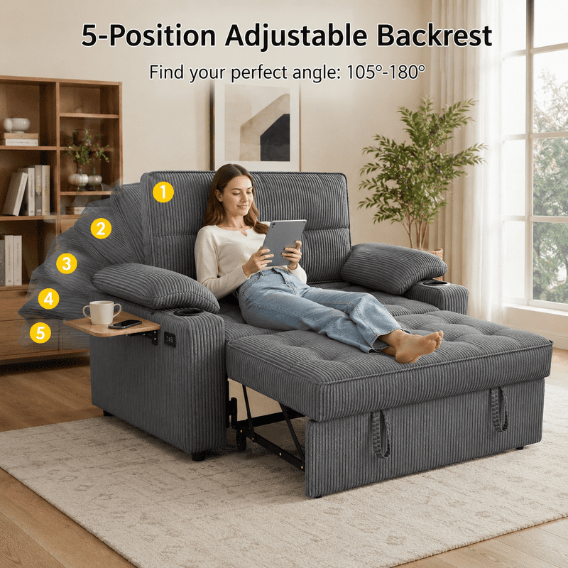 58" Sleeper Sofa Bed, Full Size Pull Out Couch, Convertible Loveseat Sofa with 5-Level Adjustable Backrest, USB Charging Ports, Cup Holders & Foldable Side Table, for Living Room, Apartment & Office