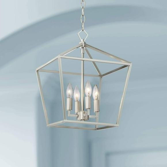 Franklin Iron Works Queluz Brushed Nickel Pendant Chandelier Lighting 13" Wide Farmhouse Industrial Rustic Geometric Cage 4-Light Fixture for Dining Room Living House Home Foyer Kitchen Island