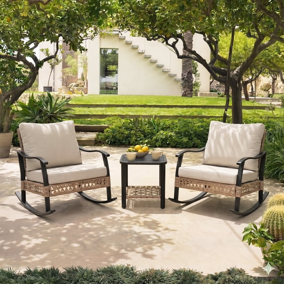 Nuu Garden 3-Piece Patio Conversation Set, Handwoven Rattan Outdoor Conversation Set with 2-Tier Side Table, Rocking Chairs with Beige Removable Cushions, Outdoor Patio Furniture Set, Yellowish Brown