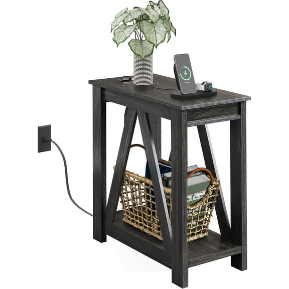 VibrantEcho Narrow End Table with Charging Station of Open Storage Shelf, Sofa Side Table with 2 USB Ports and 2 Power Outlets, Slim Farmhouse End Table for Small Spaces, Bedroom, Living Room