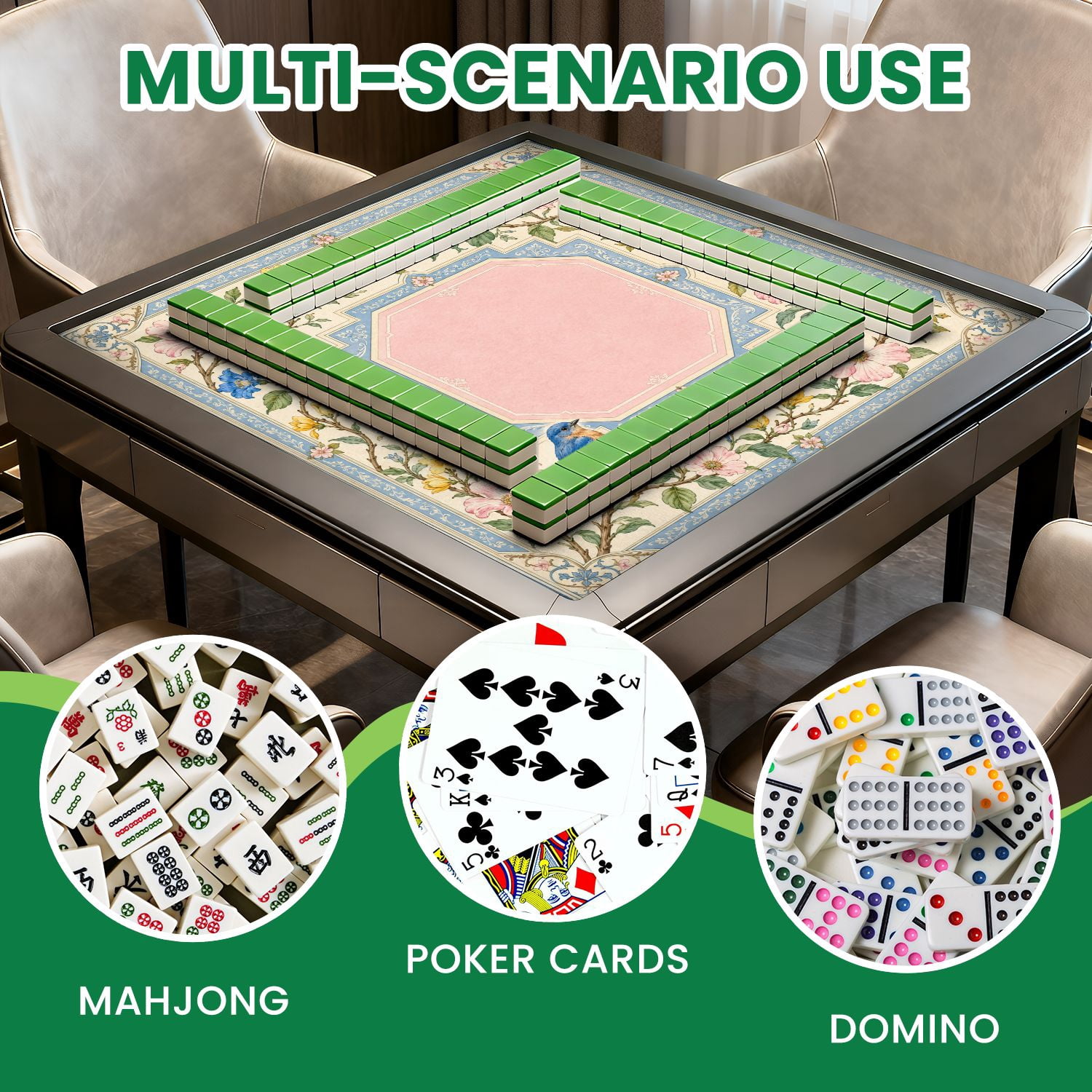 Mahjong Mat 31.5" x 31.5" Floral Border Pink Center Blue Bird Watercolor Non-Slip Noise Reduction Mahjong Tiles Table Cover for Dominoes Poker Card Board and Tile Games