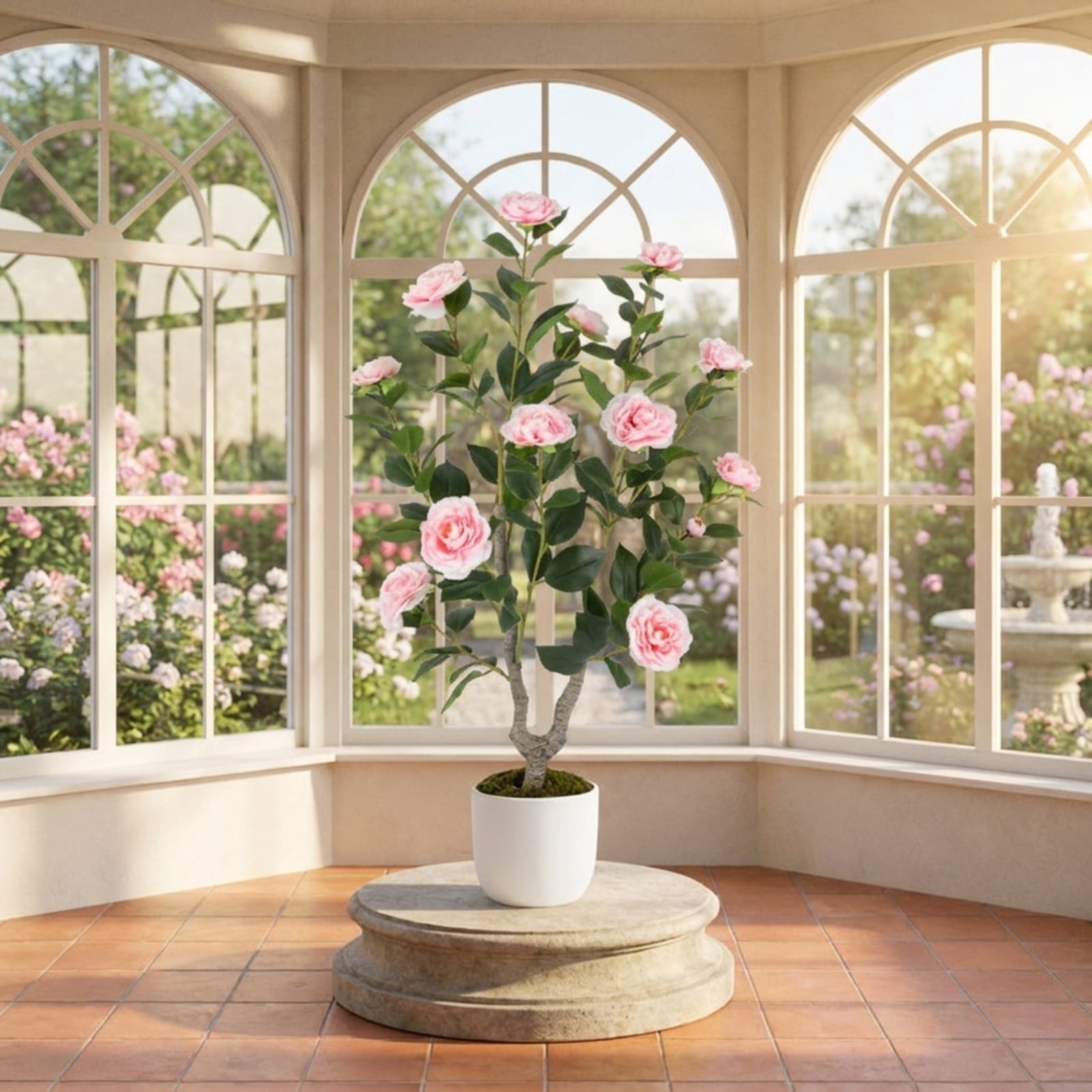 SUGIFT 36 Inch Artificial Camellia Tree with Blooming Flower, 2 Pack Faux Pink Flower Plant in Pot for Living Room Bedroom Decor, Pink + Green,