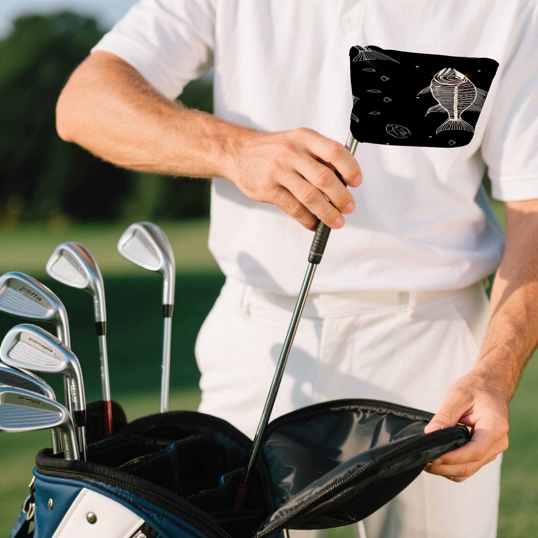 Golf Mallet Putter Cover Premium Leather Waterproof Golf Putter Head Cover with Magnetic Closure Cartoon Fish Bones