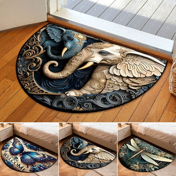 Half Round Doormat Non-Slip Washable Elephant Dragonfly Butterfly Semi Circle Rug Soft Absorbent Half Moon Mat for Indoor Outdoor Entrance Kitchen Bathroom Sink Patio Welcome Fireplace Floor Rug