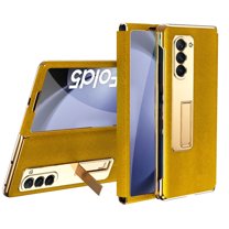 ELEHOLD Plating Leather Case for Samsung Galaxy Z Fold5,Built-in Screen Protector Premium Leather Metal Hidden Kickstand Shockproof Cover for Samsung Galaxy Z Fold 5,Yellow