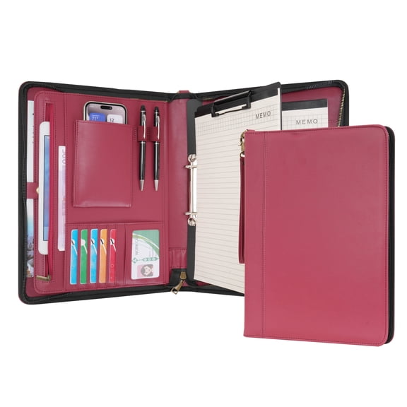 Wason A4 Portfolio with Zipper - Leather PU Padfolio with Detachable Ring Binder and Writing Notepad Holder, Conference File Multi-Pockets Organizer for Office Travel School (Red)