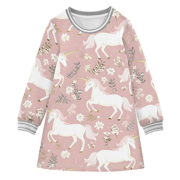 Girls' long-sleeved dress White Unicorn Girls' A-line dress with ribbed cuffs Soft and comfortable