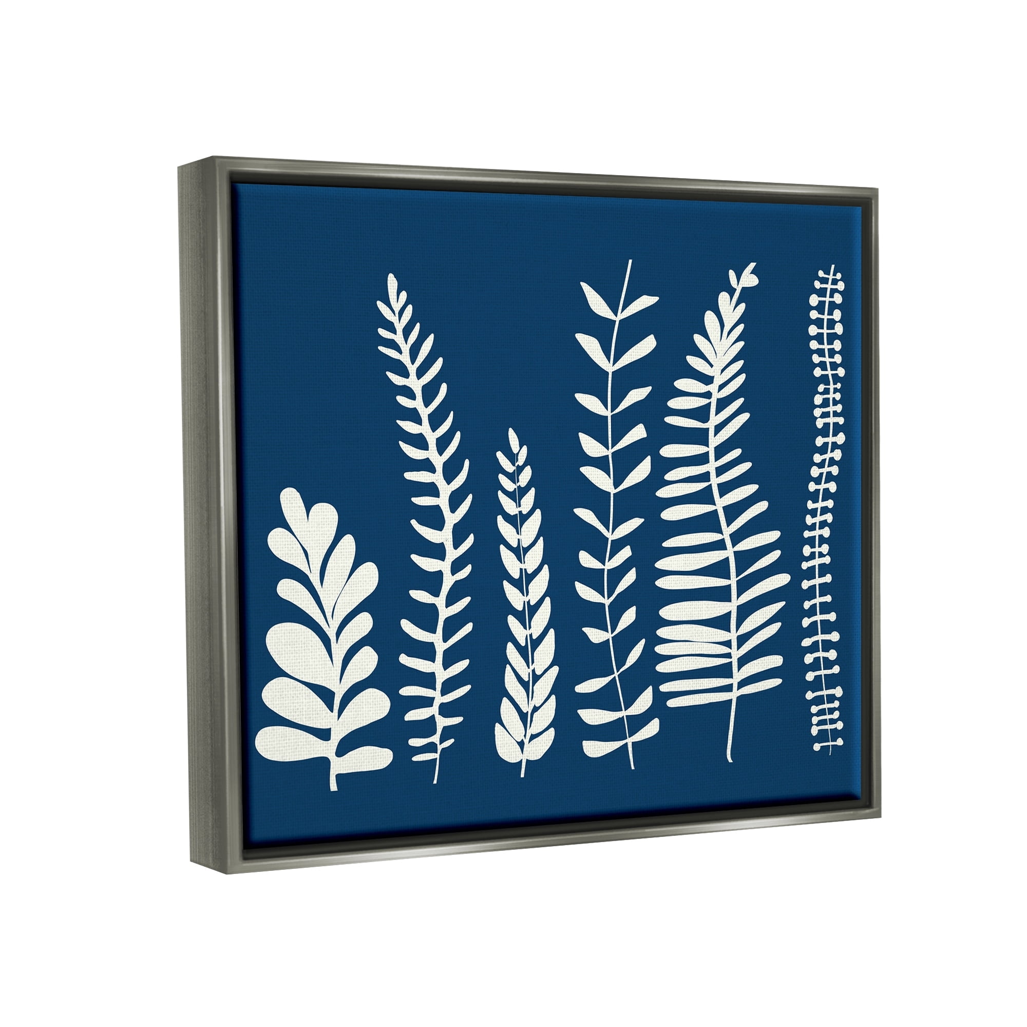 Stupell Industries Modern Fern Plant Leaves Blue Nature Silhouettes Graphic Art Luster Gray Floating Framed Canvas Print Wall Art, Design by Deborah Velasquez