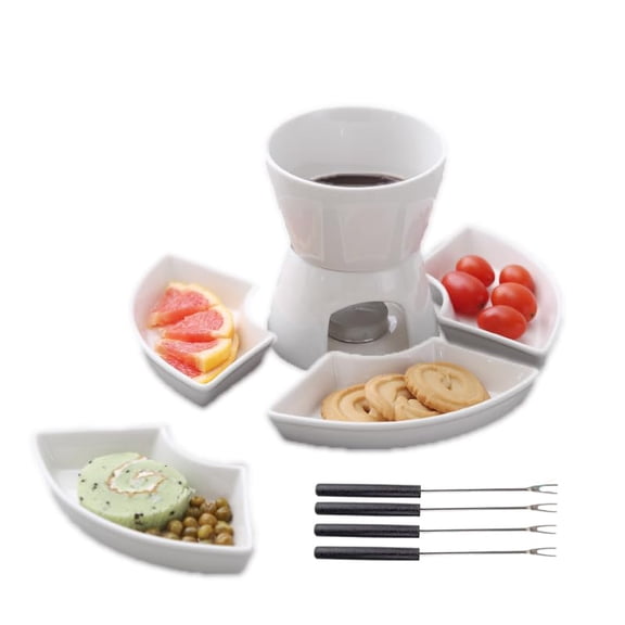 Ceramic Fondue Pot Set with 4 Dishes and 4 Forks 350ml Melting Pot for Cheese Chocolate Butter Caramel