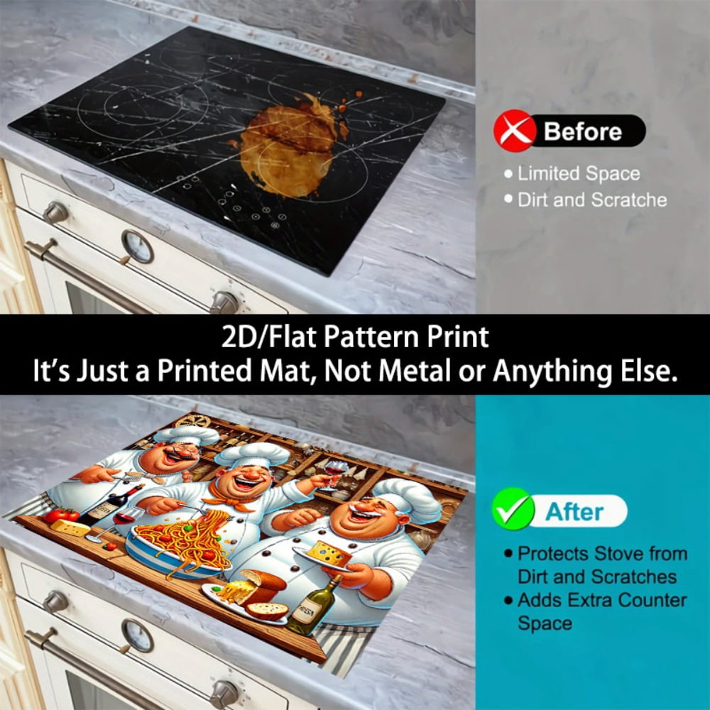 1 2D/flat stove cover protection pad, cartoon-style happy fat chef food feast pattern design, 28.3x20.5 inches (72×52cm), easy to clean, perfectly suitable for any kitchen, washing machine, dryer, st