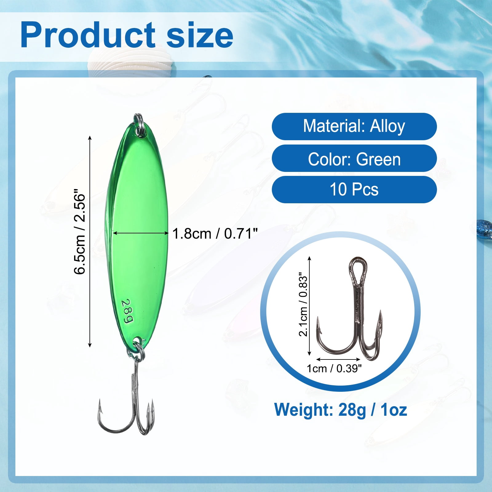 Uxcell Fishing Spoons Lures, Metal Saltwater Treble Trout Lures Jigging Spoon with Treble Hooks Casting Spinner Baits 10 Pcs & 1 oz & Green - Fitting for (Freshwater/Salmon/Bass/Trout)