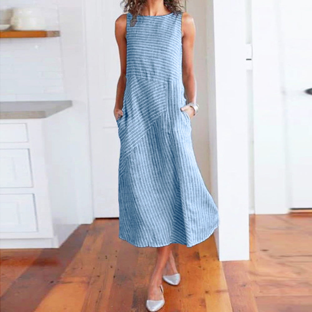 Women Linen Print O-Neck Sleeveless Dress Fashion Women’s Lrregular Casual Dress Plus Size 