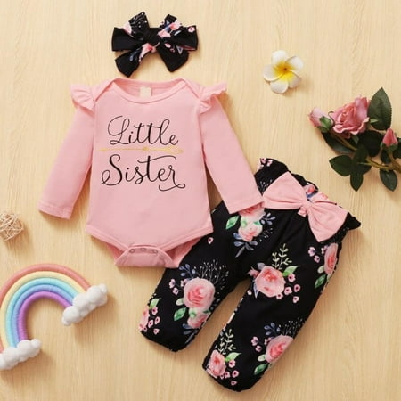 

Promotion!Summer New Baby Girls Fashion Long Sleeve Letters Romper Tops Floral Print Trousers Cute Bow Headband Outfits Clothes 3 Set