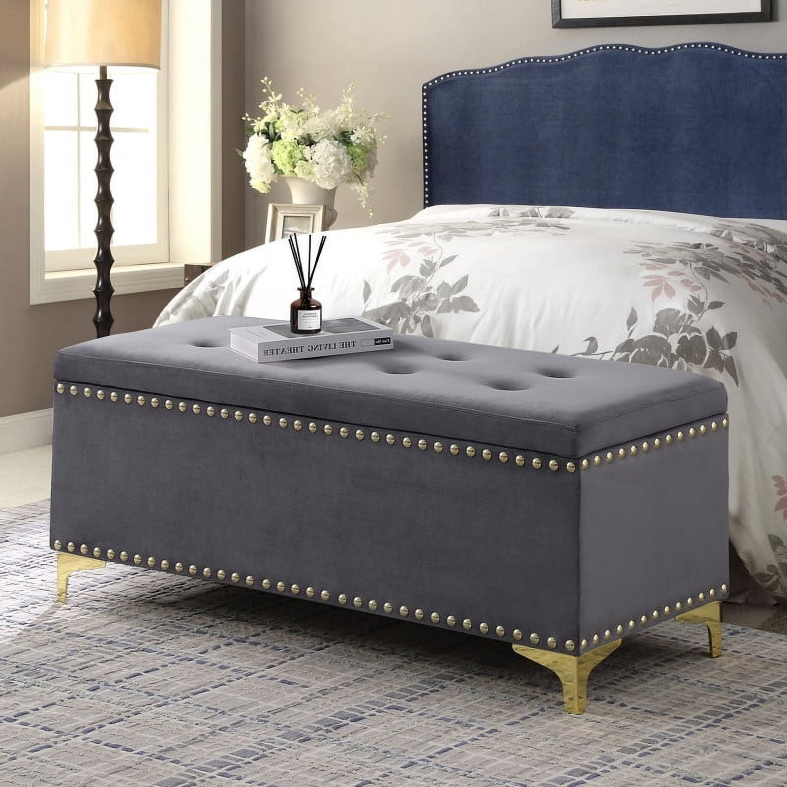 Aukfa 2-in-1 48 Inches Storage Ottoman Benches Set, Upholstered Storage Chest, Footrest for Living Room, Bedroom, Entryway, Dark Gray