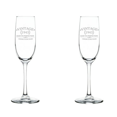 

Set of 2 Glass Champagne Flutes Sparkling Wine Glasses Cheers To 80 Years Vintage 1943 80th Birthday (8 oz Stemmed)