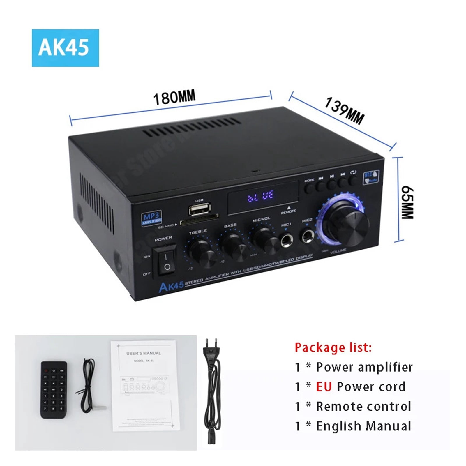 AK45/AK35 800W Home Power Amplifier 2 Channel Bluetooth 5.0 Mini Hifi Digital Stereo Sound Amplifier Support FM USB SD Mic Input