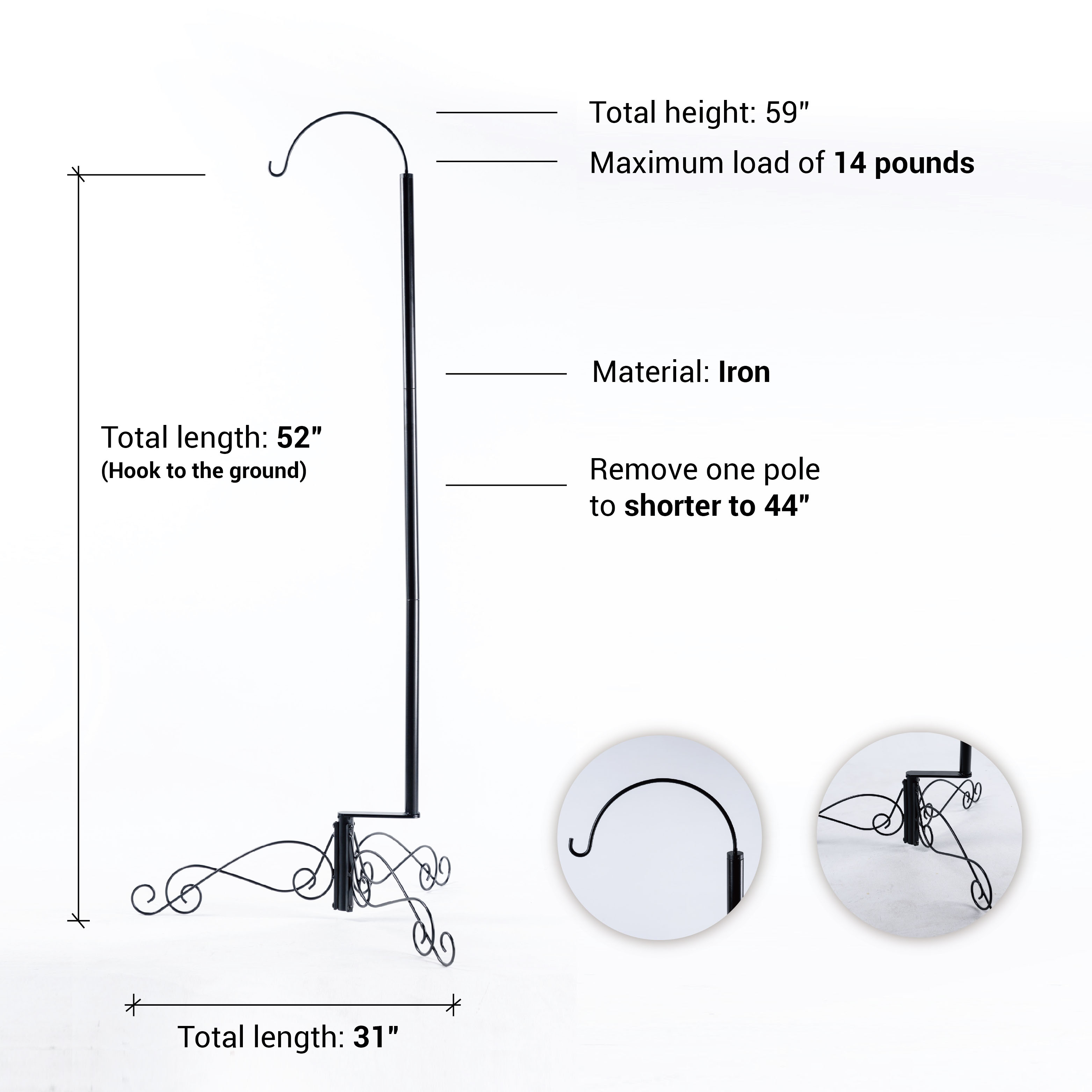 HOHIYA 59 Inch Large Wind Chime Stand Shepherd Hook for Hummingbird Feeder Hanging Plant Flower Basket Black 1 Pc