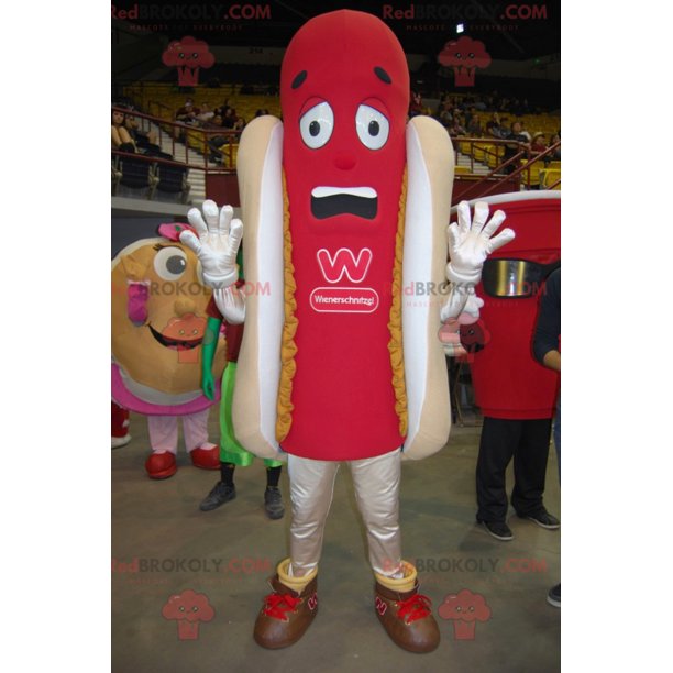 Giant red and beige hot dog mascot