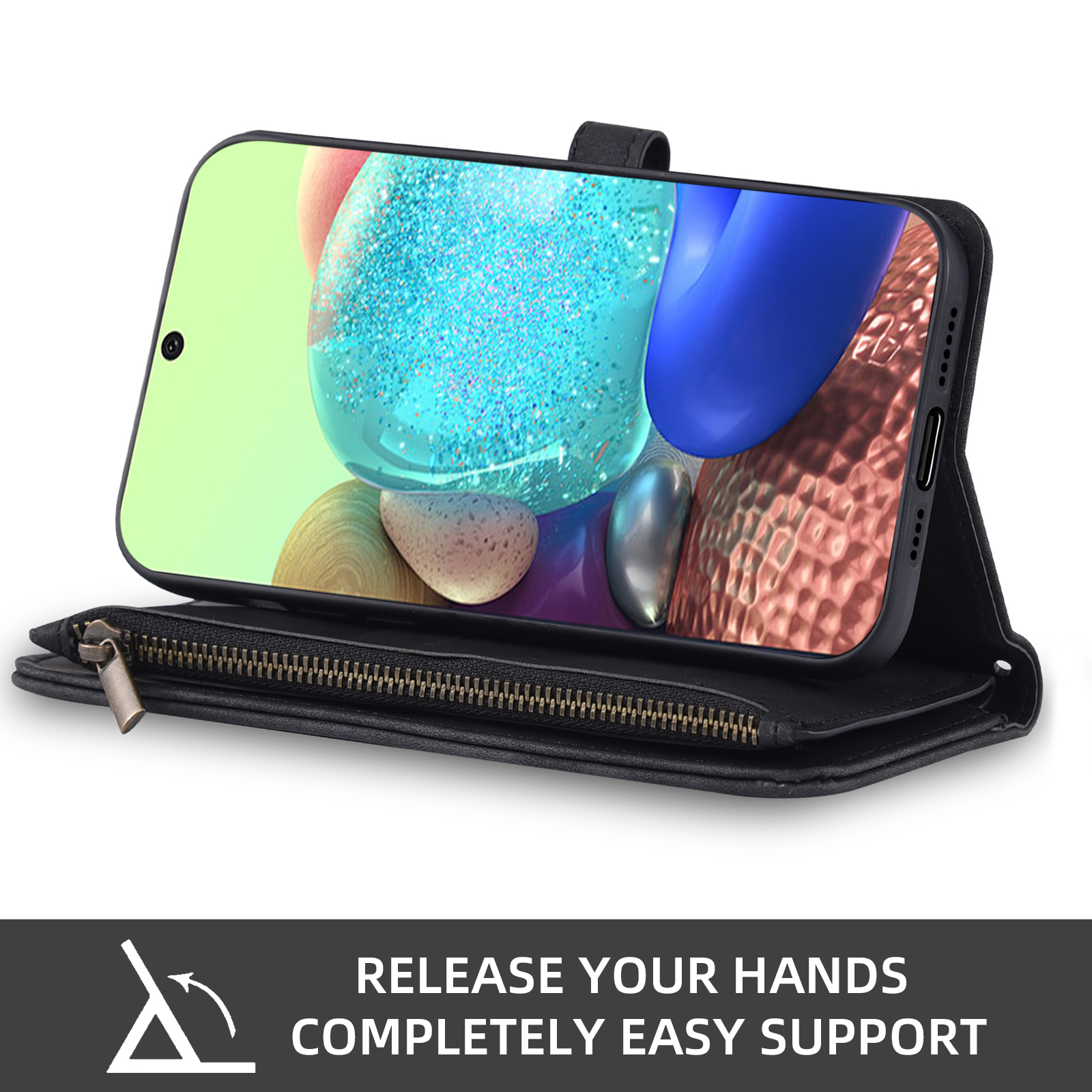 Asuwish Phone Case for Samsung Galaxy A71 5G Wallet Cover With Tempered Glass Screen Protector Crossbody Wrist Strap Flip Pattern Zipper Credit Card Holder Stand Cell A 71 G5 71A S71 Women Men Black