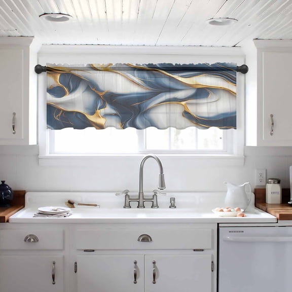 Navy Blue Marble Valance Curtains for Kitchen/Living Room/Bathroom/Bedroom Window, Gold Modern Art Rod Pocket Small Topper Half Short Window Curtains Voile Sheer Scarf 54"x18"