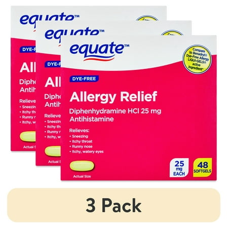 (3 pack) Equate Allergy Relief Diphenhydramine HCl 25mg Antihistamine Soft gels, 48 Count, Compare to Benadryl® Allergy Ultra tab® Active Ingredient